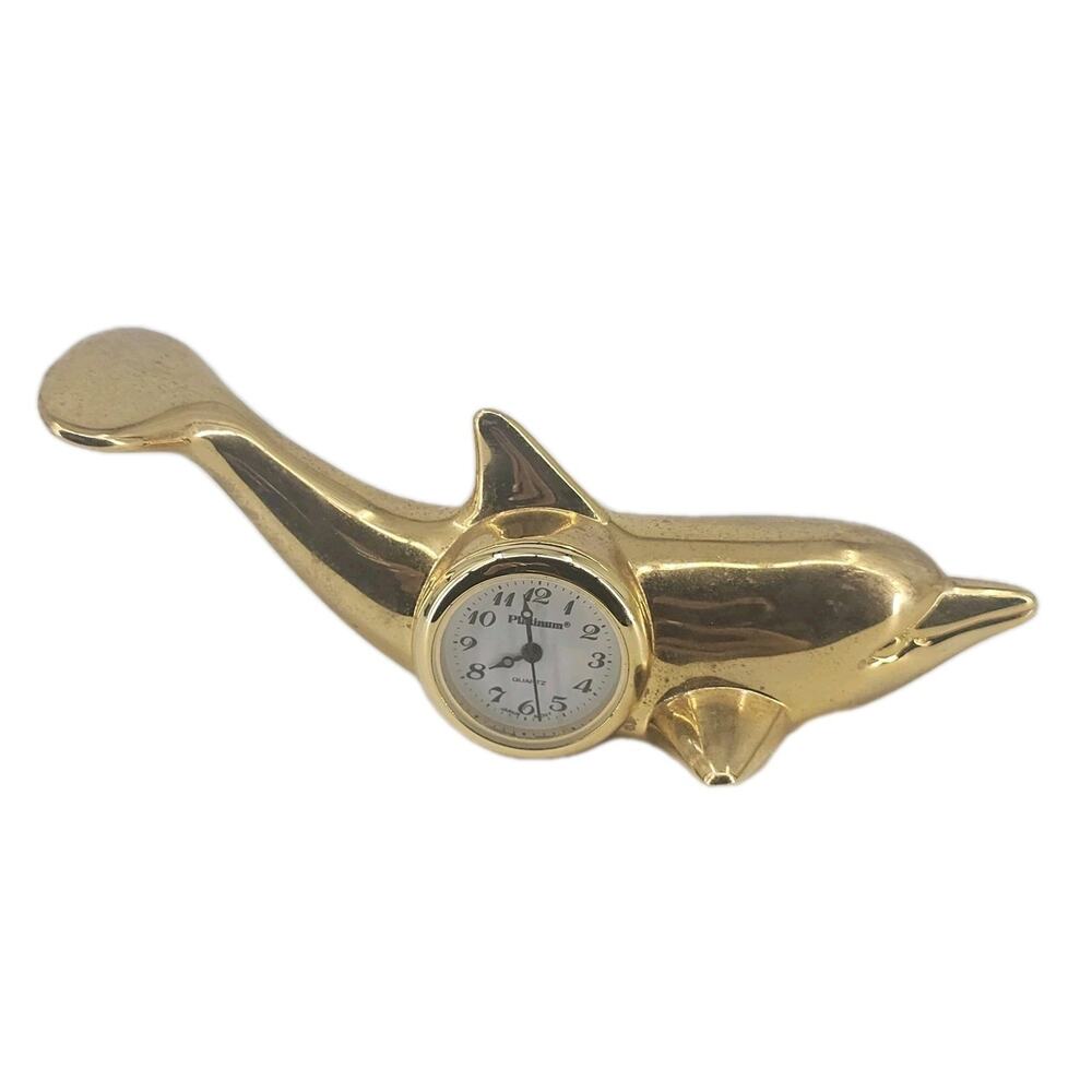 SMALL BRASS QUARTZ CLOCKS Dolphin NEED BATTERIES Goldtone 4" Platinum Brand